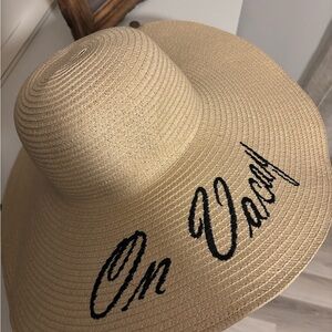 Tan Wide Brim Hat with Black Embroidery